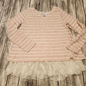 Pippa and Julie girls pink with off white lace trim long sleeve shirt. Size 6